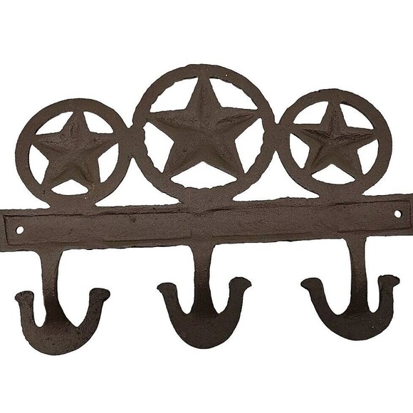 Cast Iron Texas Stars Rings Wall Hook Rack Key Towel Coat Hanger Rustic Brown - Picture 5 of 8